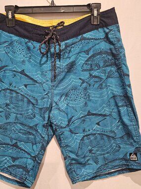 REEF Men's Board Shorts Size 31 Blue Fish Print Surf Swim Trunks Beach